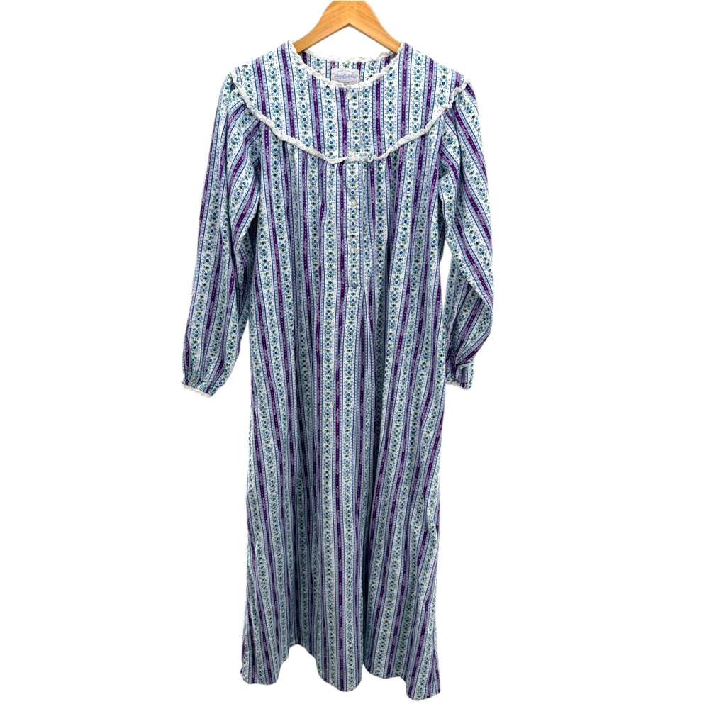 Lanz of Salzburg Flannel Nightgown S Purple Floral Stripe Lace Trim Cottagecore